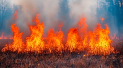 Fiery Wildfire Consumes Dry Grassland Landscape