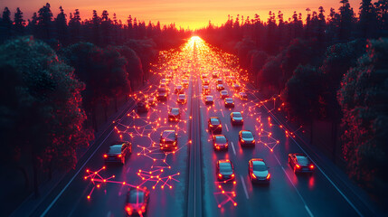 Fototapeta premium 3D Illustration - Connected Cars on Highway at Sunset, Network, Autonomous Vehicles, Future Transportation, Technology