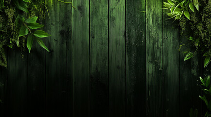 Dark green wooden texture with moss for a background or display product advertising, a green wooden surface, Dark green wooden background with the texture of old wood and moss