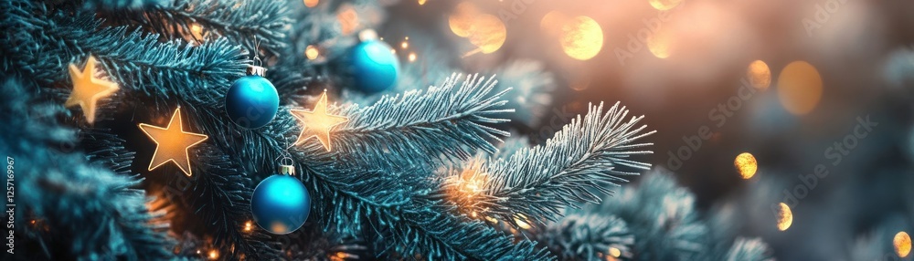 Poster close up shows a decorated christmas tree with bokeh effect