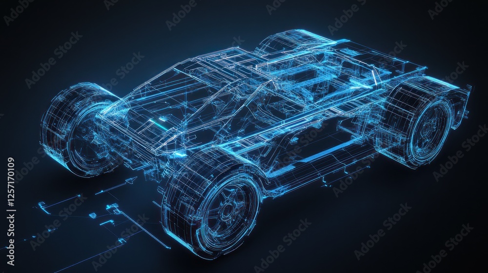 Poster futuristic car frame is rendered with illuminated blue wireframe
