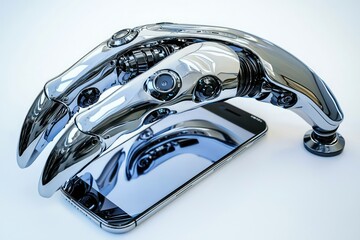 A curved-edge phone gripped by a sophisticated chrome robotic claw, presented with ample space for copy on a white surface.
