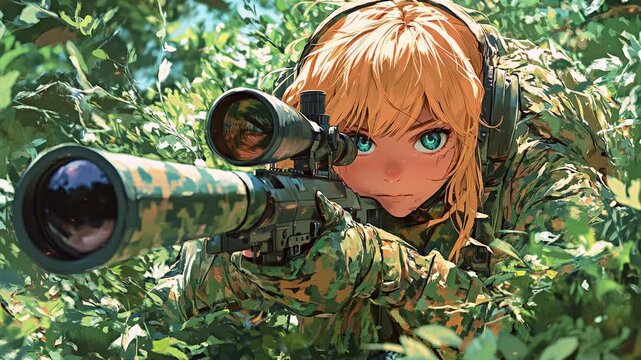 A focused anime sniper clad in a detailed ghillie suit is quietly waiting in a lush green environment. Her blue eyes scan the surroundings as she prepares for her next move.