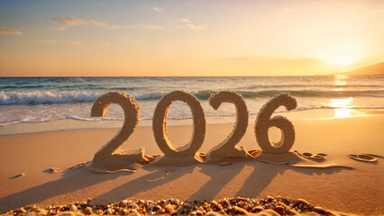2026 happy new year. Celebration greeting card and poster design with beach background.
