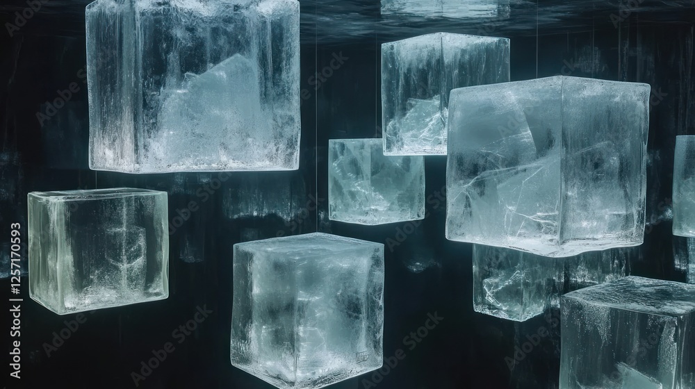 Poster hanging cubes of ice illuminated against a dark backdrop