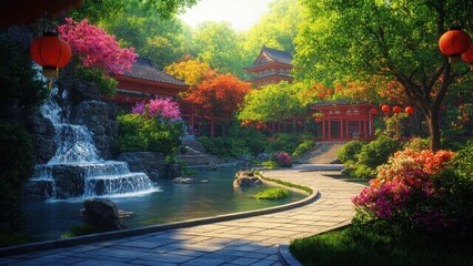 flowers and a decorative pond in a colorful garden