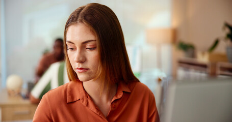 Stress, thinking and business woman in office with work mistake, failure and management crisis....