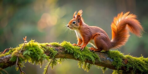 Red Squirrel Perched on Mossy Branch in Tranquil Forest Setting