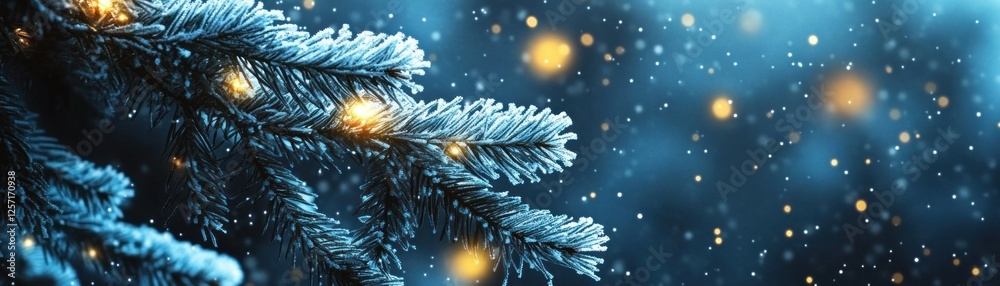 Poster frosted pine branch with lights and falling snow creates magic