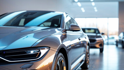 A lineup of brand new cars gleams under the bright lights of an upscale car dealership.