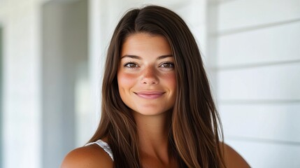 Smiling young woman with long brown hair in a bright, cheerful setting.