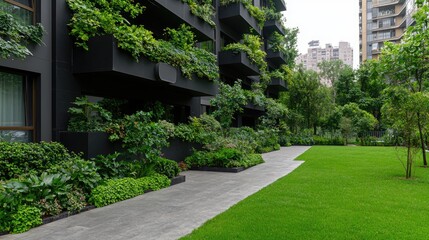 Naklejka premium Modern apartment building with green vertical gardens, grassy courtyard, urban setting. Possible use Stock photo for architectural design, sustainable living, urban planning