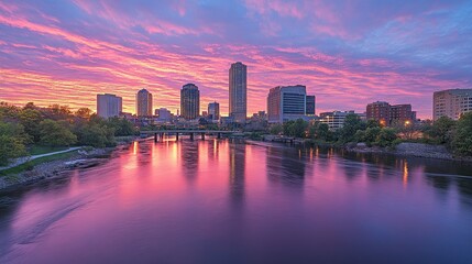 Obraz premium City skyline reflected on river during a vibrant pink sunset