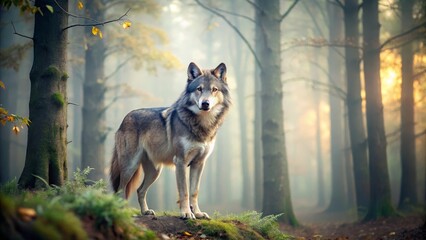 Majestic Wolf Stands in Enchanted Forest at Golden Hour Light