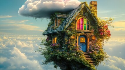 Fototapeta premium Whimsical fairytale house perched atop a cloudscape with vibrant flora