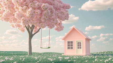 Pink house next to a blossoming tree with a swing