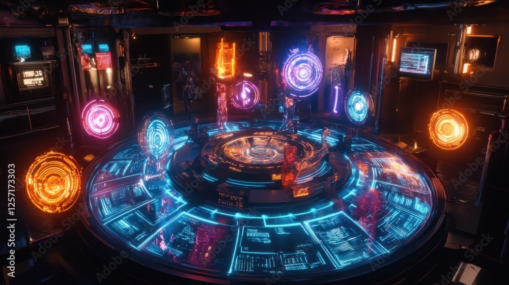Poster A futuristic control panel glowing with neon circular interfaces