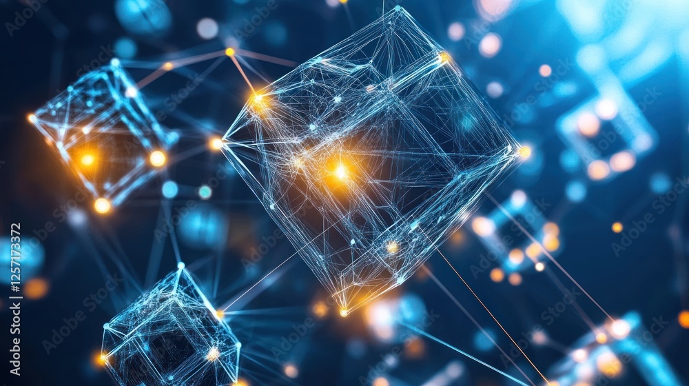 Poster Interconnected cubes with glowing nodes in a digital network