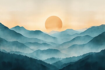 Fototapeta premium Serene Sunrise Over Misty Mountain Range with Layers of Blue and Green Hills in Tranquil Landscape