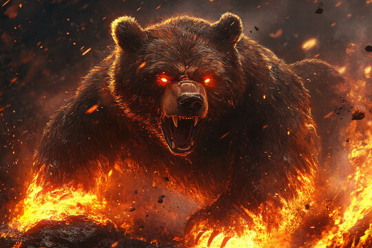 Fiery Grizzly Bear Roaring In Inferno