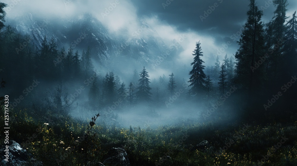 Poster misty mountains and forests create an enchanting and atmospheric scene