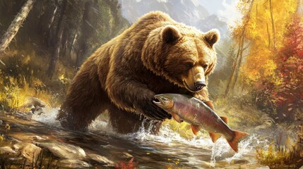 Brown bear catching a fish in a shallow river