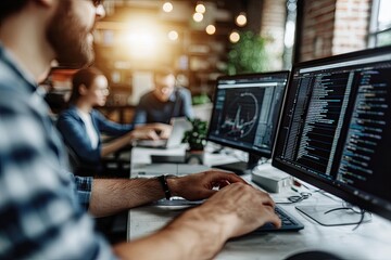 Programmer Working on Computer Code in Modern Office