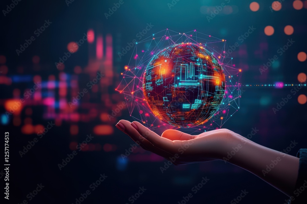 Poster hand holding a globe with visible circuit board illustrating technology and world connectivity