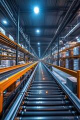 Modern Industrial Warehouse Interior with Automated Conveyor System and High Shelving Units for Efficient Storage and Distribution