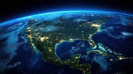 Fototapeta premium Night view of North America from space, city lights, Earth, clouds, background, geography