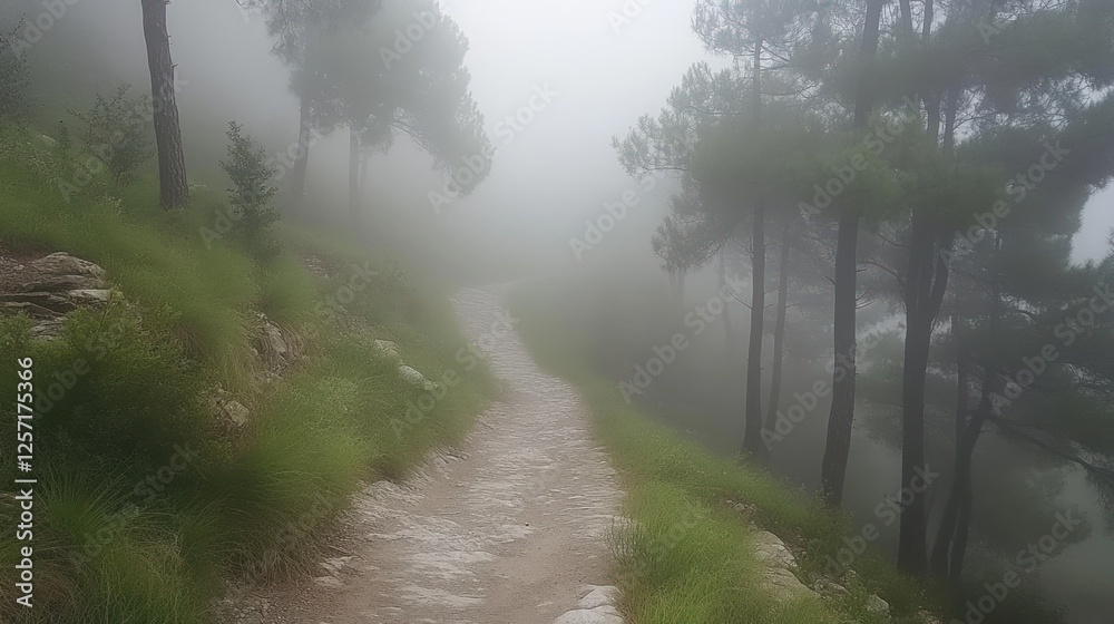 Poster A path disappears into a misty forest landscape scene