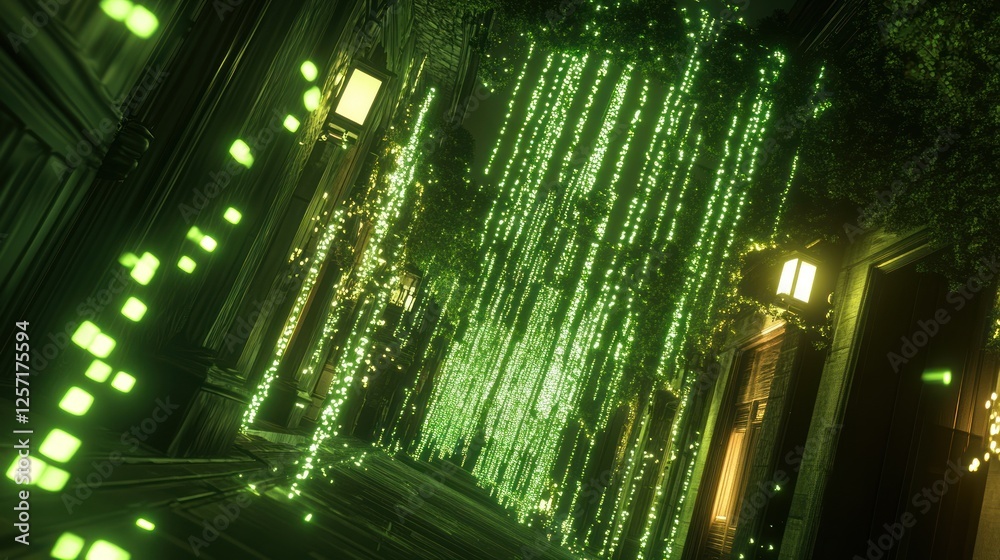 Poster building facades are illuminated with cascading glowing green lights