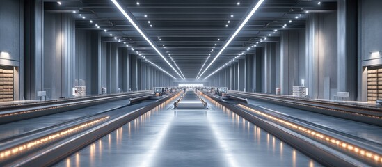 Obraz premium Futuristic Industrial Warehouse Interior with Automated Conveyor Belts and Modern Lighting
