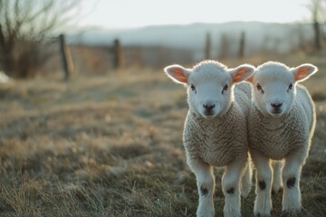 Obraz premium white cute baby lambs in brown field 