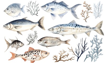 Elegant watercolor ocean fish set, Generative AI