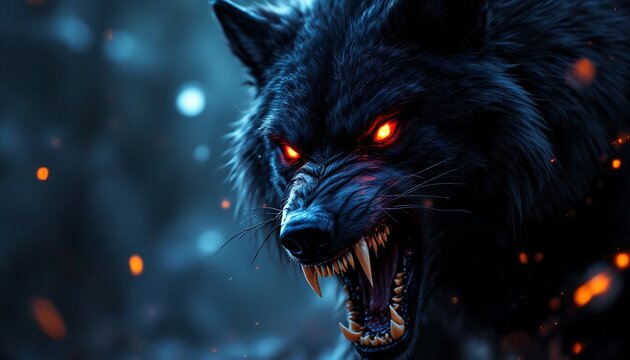 Fierce Black Wolf with Glowing Red Eyes - Fantasy Art
