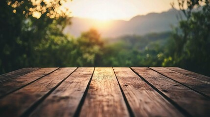 Fototapeta premium Rustic Wooden Table Top with Blurred Nature Background at Sunset