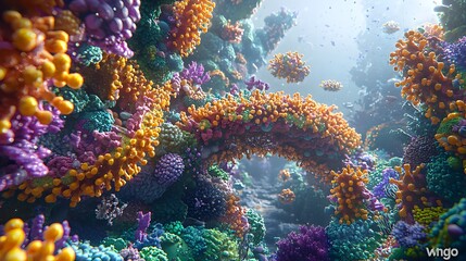 Fototapeta premium Vibrant Underwater Coral Reef Scene Lush Colorful Ocean Life 3D Render