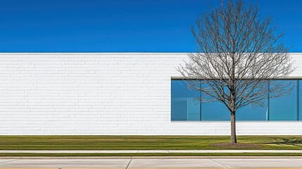 Obraz premium Modern building facade, clear blue sky, lone tree, empty street