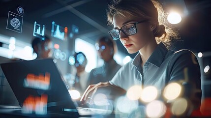 Focused Female Data Scientist Working Late on Laptop, Futuristic Interface Overlay