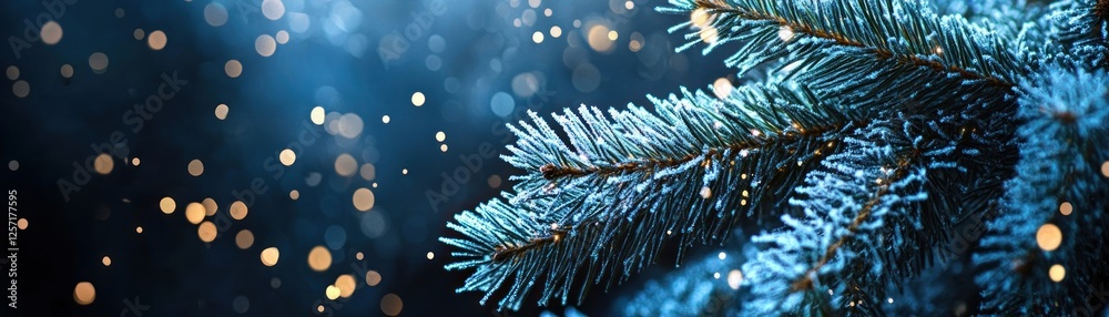 Poster Close up of frosted evergreen branch with bokeh background