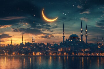 Fototapeta premium Night cityscape, crescent moon, mosque, water, stars, Ramadan