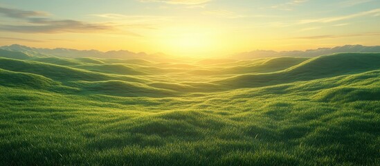 Obraz premium Serene Sunrise Over Rolling Green Hills with Lush Grass and Distant Mountains Under a Clear Sky