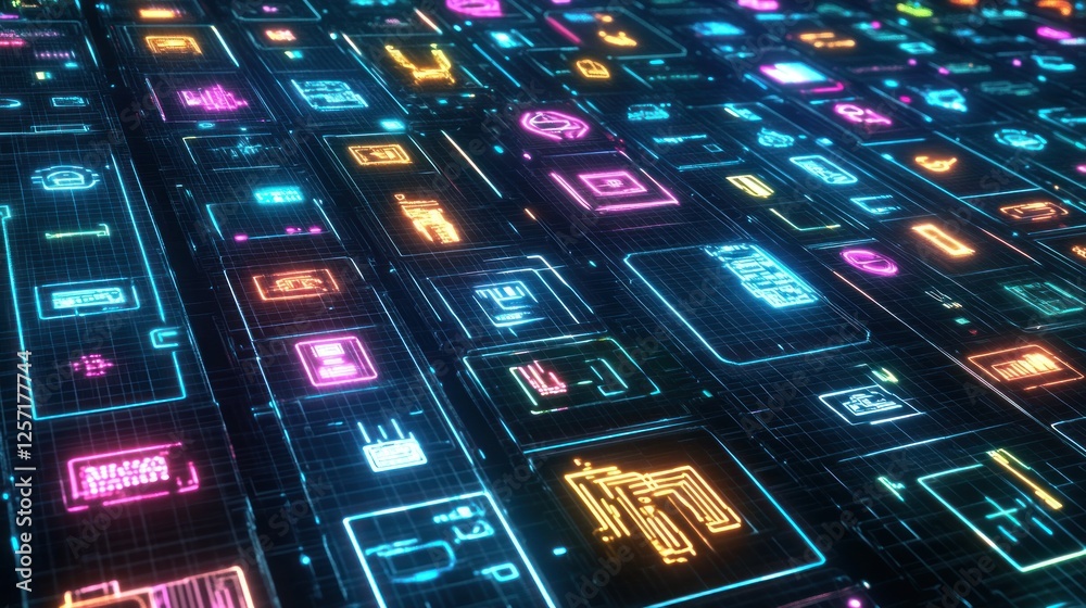 Poster Abstract digital interface with glowing geometric shapes and lines