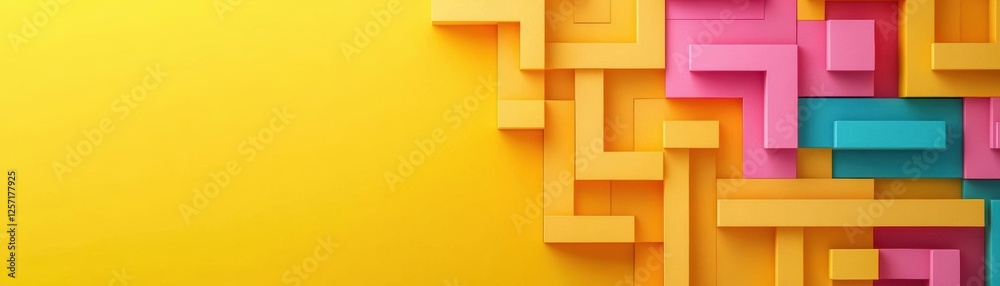 Poster Yellow background with colorful geometric squares in various sizes creating a vibrant abstract design