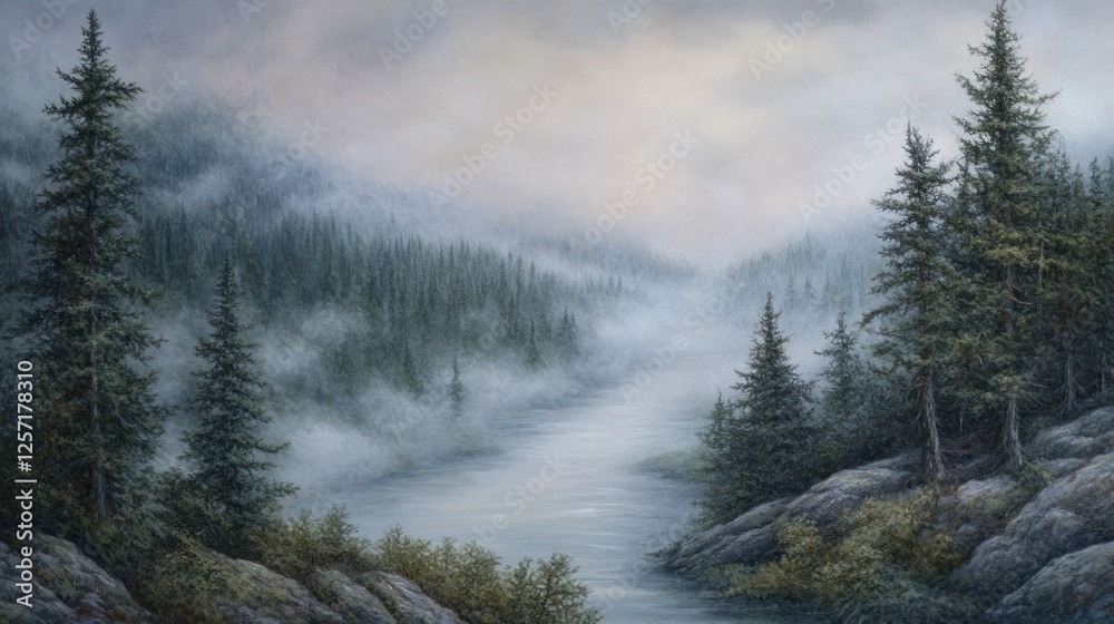 Poster Landscape showing a tranquil river running through a misty forest