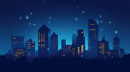 A minimalist illustration of a city skyline at night, with flat shapes of buildings and a few stars, AI Generative.