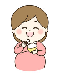 ご飯を美味しそうに食べる妊婦さんのゆるかわイラスト