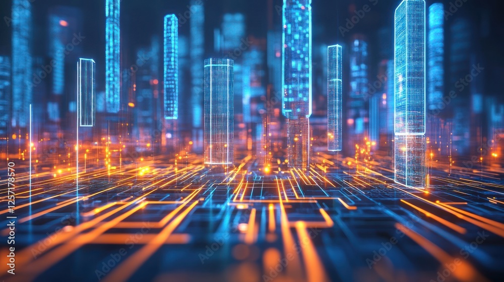 Poster abstract futuristic cityscape glows with digital data lines