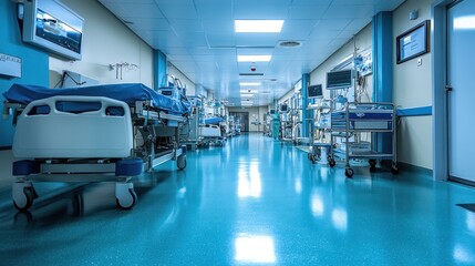 Hospital corridor, beds, equipment, blue floor, medical care